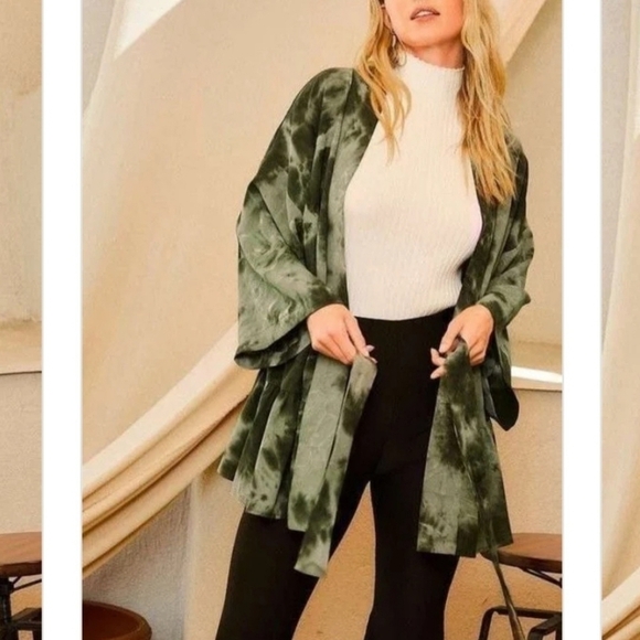 Olive Green Drop Shoulder Tie Dye Boho Open Kimono Lightweight Jacket Robe - Picture 6 of 11